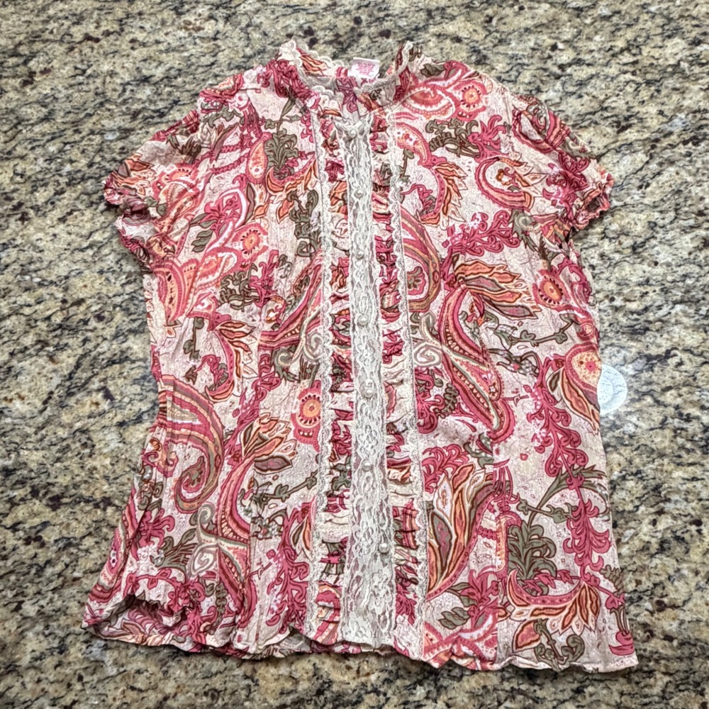 Vintage Faded Glory Pink Paisley Lace Trim Boho Blouse Pearl Buttons Large v